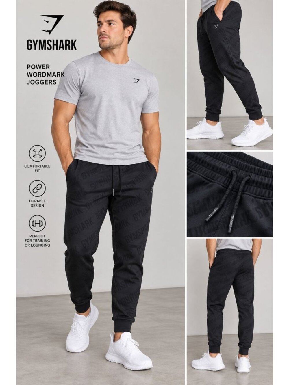 Gymshark Power Wordmark Joggers Mens, elastic drawstring waistband,Size L
